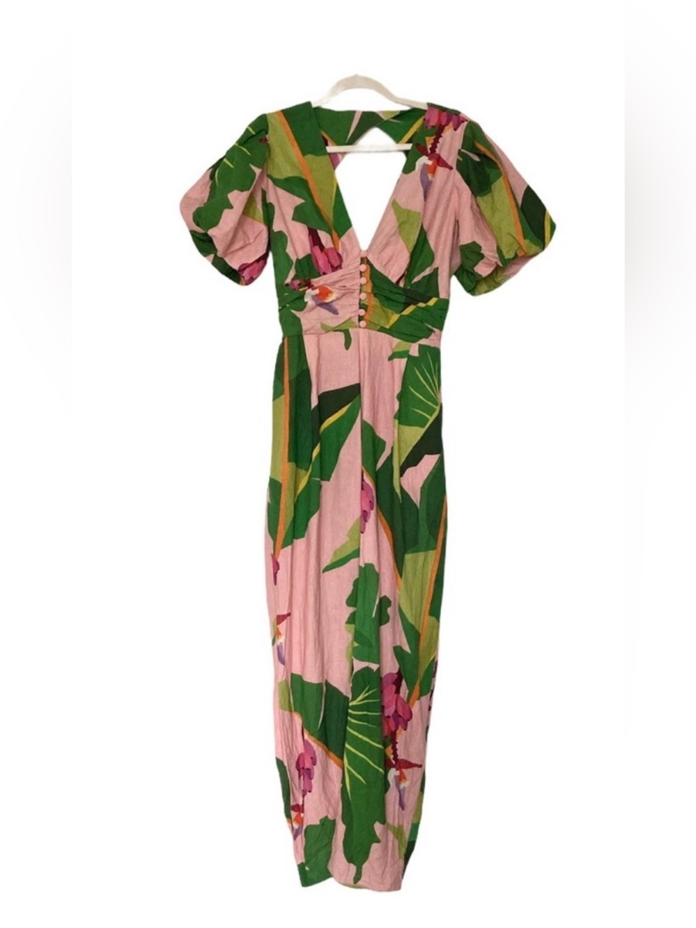 FARM Rio Tropicalistic Anthropologie puff sleeve open back linen jumpsuit M - Picture 2 of 11